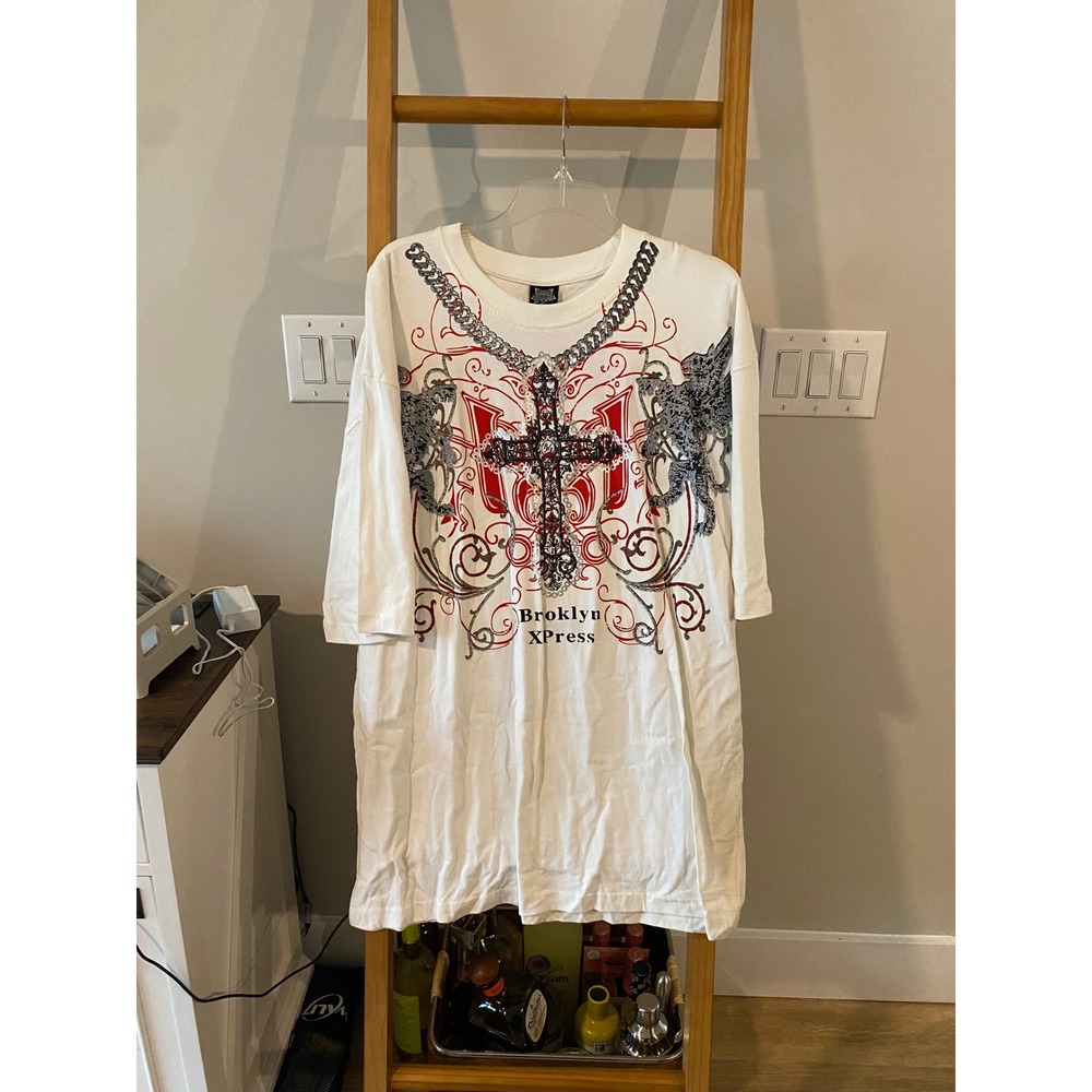 Brooklyn Xpress Mens XXL White Graphic T-Shirt Cross Griffin Y2K Streetwear Tee